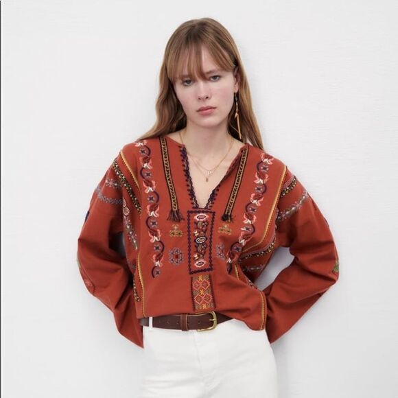 Zara Embroidered Linen Blend Shirt Top - Picture 1 of 10